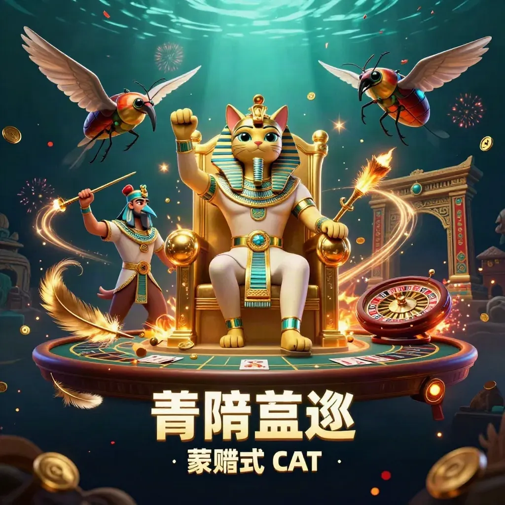 Pharaoh cat, ibis scribe, and gem-wing scarabs amid casino relics and gold light.