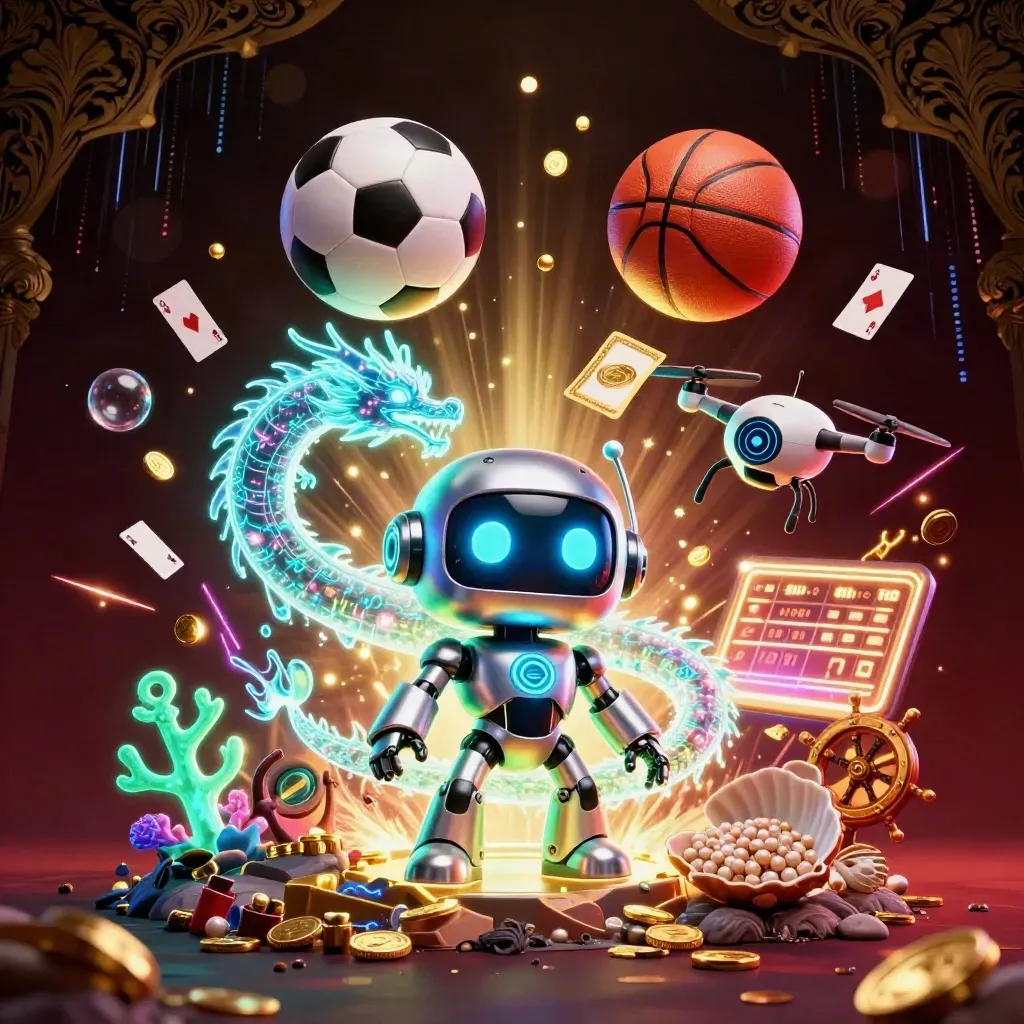 Chrome robot, holographic dragon and coin drone amid treasure, balls, cards and gold light