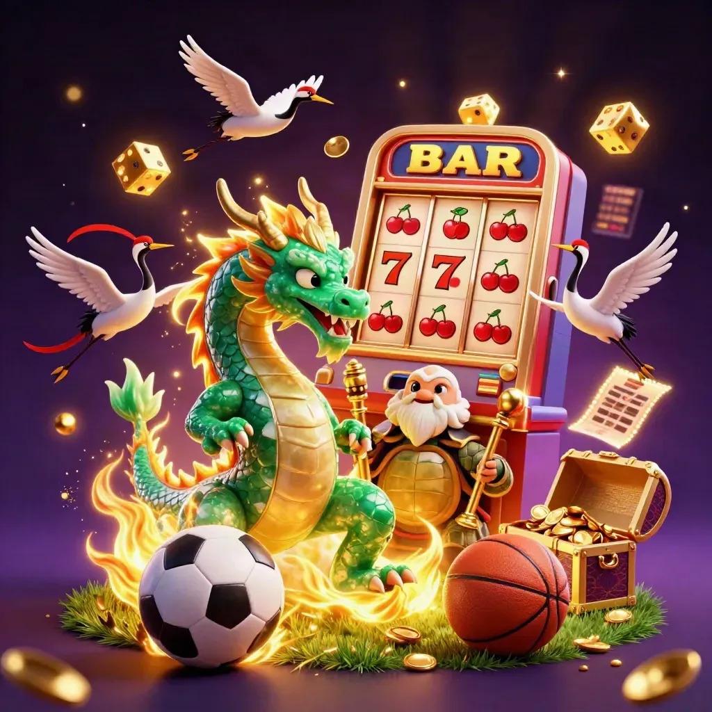 Dragon, turtle sage, cranes, slot symbols, balls, and gold explode in a premium casino sports splash.