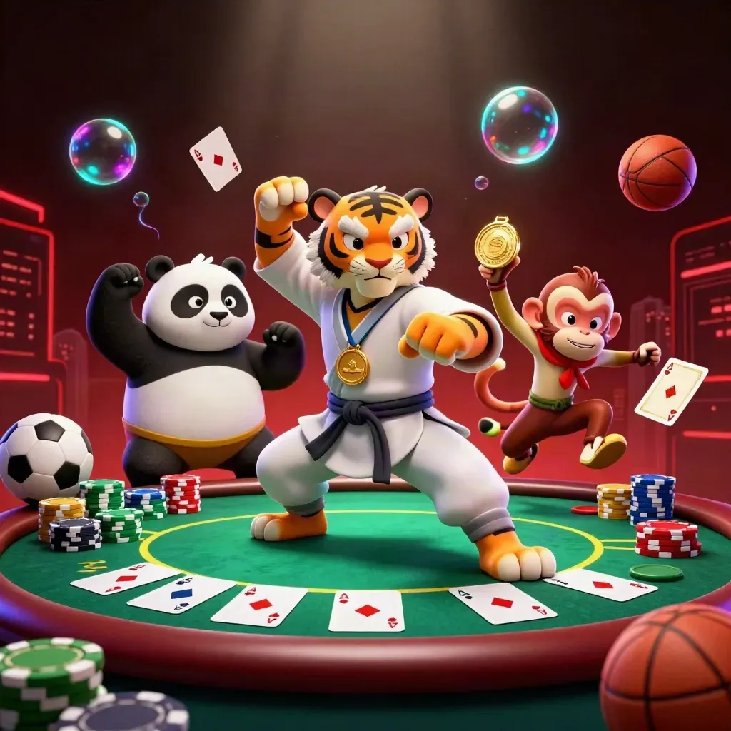 Tiger, panda, and monkey in a neon casino sports burst with cards, chips, and balls.