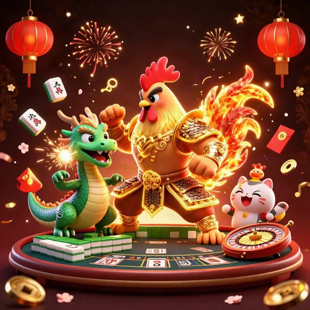 Rooster warrior, spark-breathing dragon hatchling, and fortune-cat amid casino fireworks and gold light.