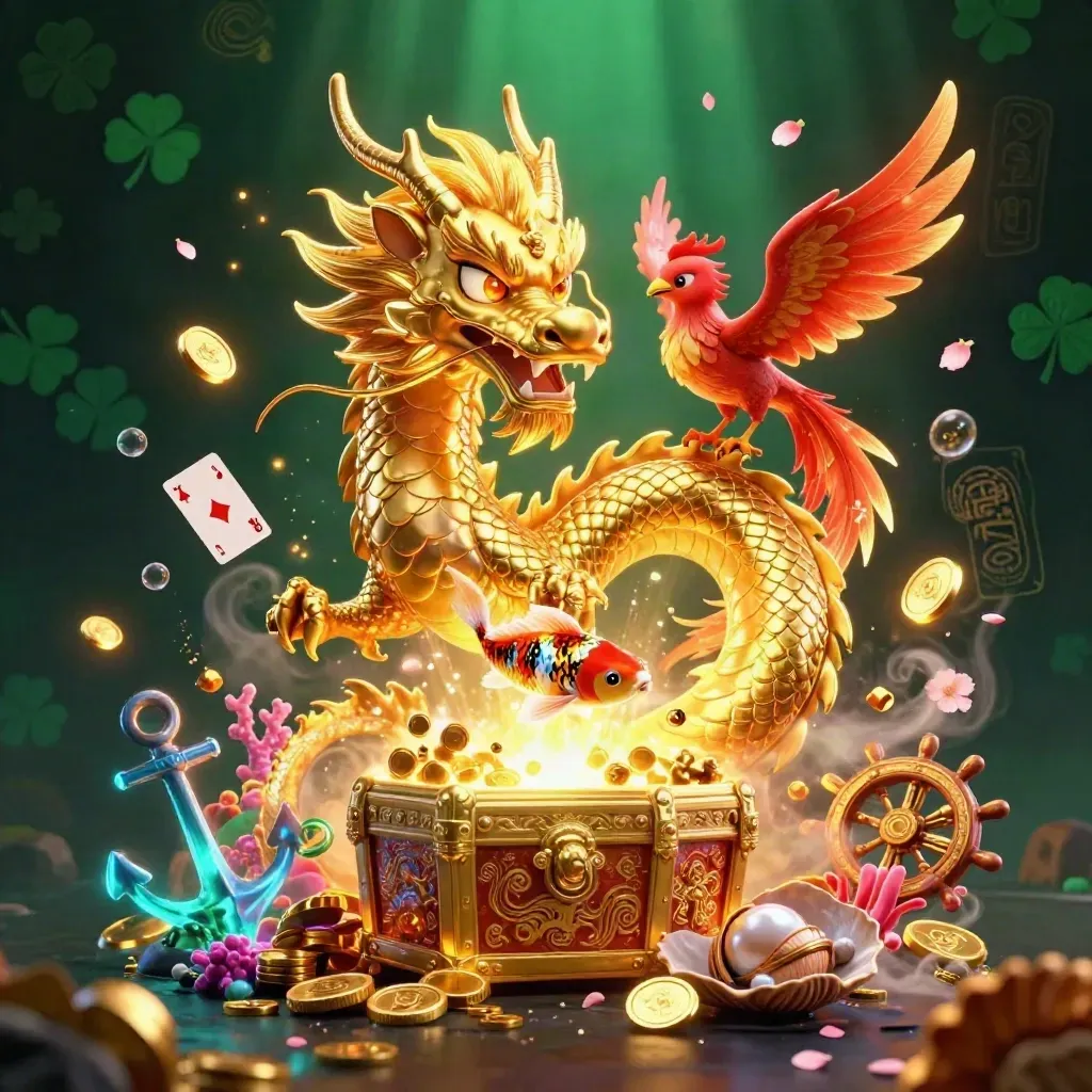 Golden dragon with phoenix and koi amid treasure, coins, coral, and glowing casino fantasy effects