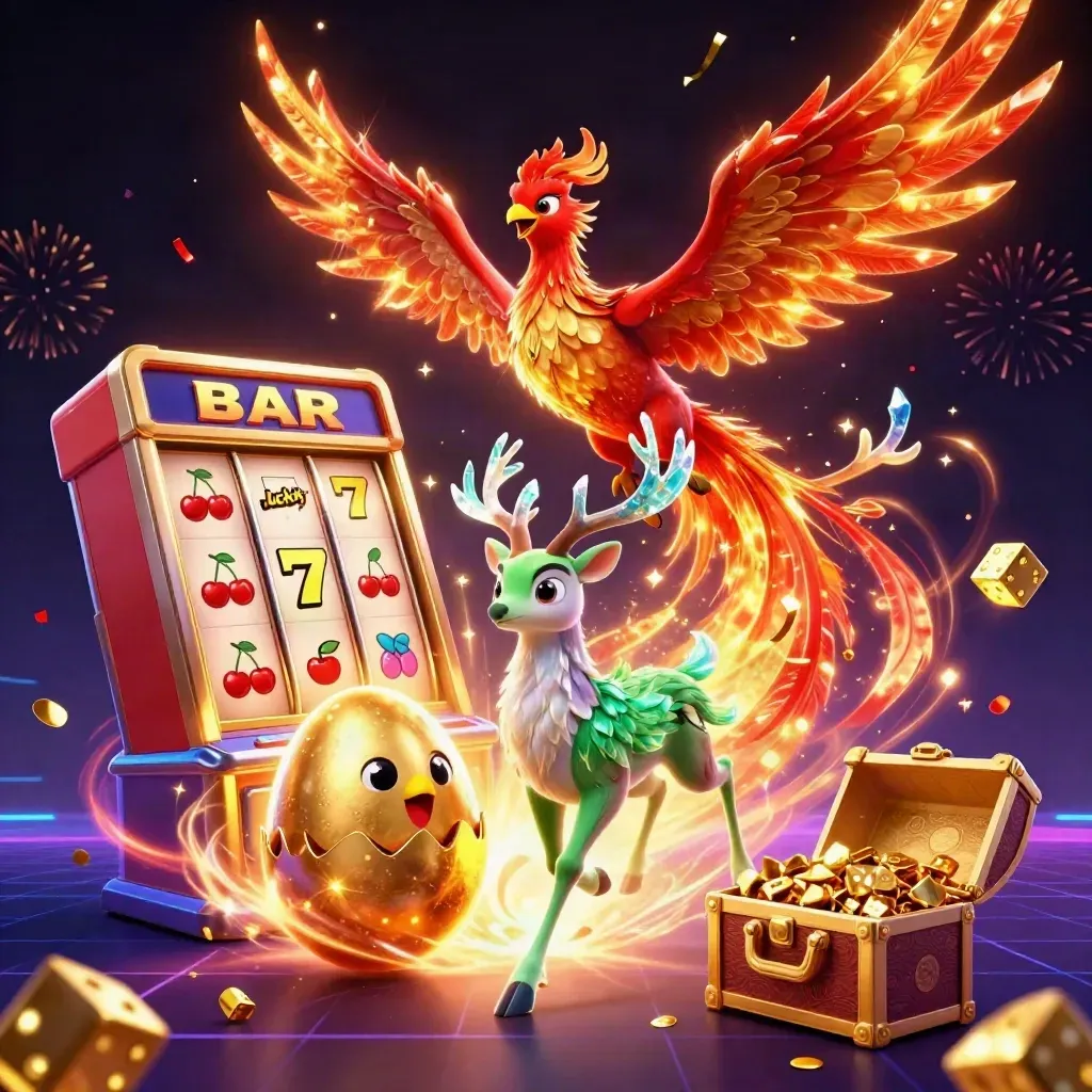 Phoenix, hatching baby, and crystal stag burst around a glowing slot machine in a neon casino scene.