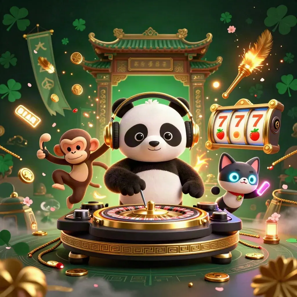 DJ panda, dancing monkey, and glow-stick kitten amid casino magic and temple gold