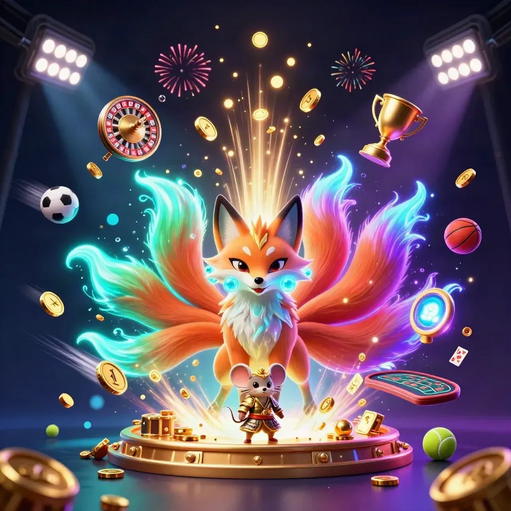 Nine-tailed fox spirit and armored mouse amid coins, roulette, balls, trophy, and fireworks