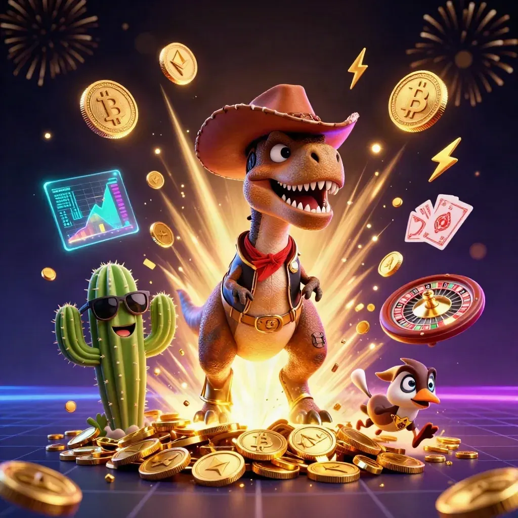 Cowboy T-Rex, cactus sidekick, and roadrunner explode amid gold coins, crypto icons, and casino lights