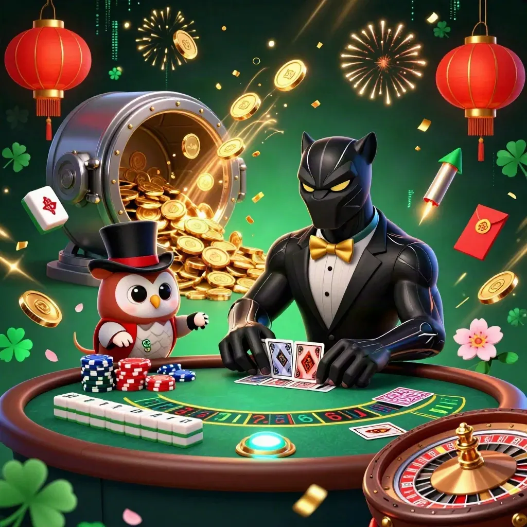 Panther dealer, owl, and mouse amid exploding coins, chips, lanterns, and fireworks