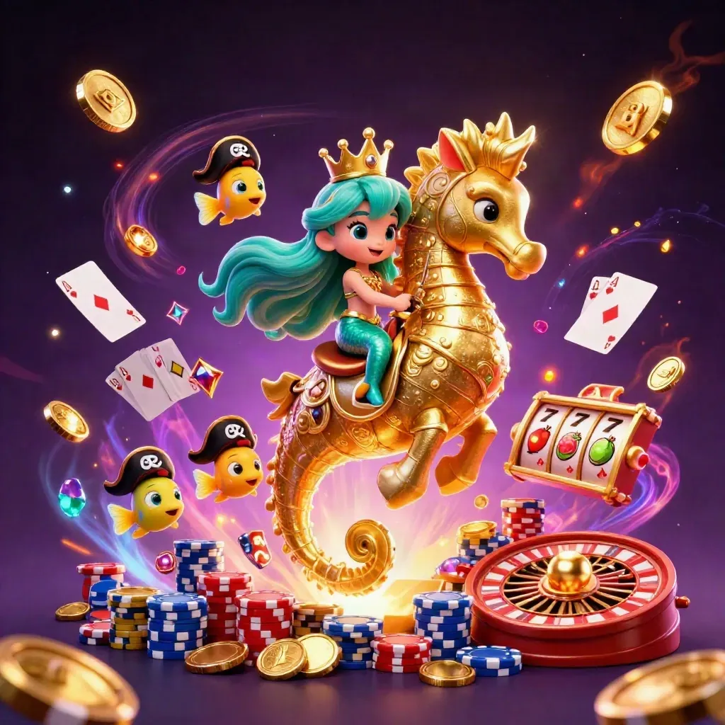 Mermaid princess on armored seahorse amid casino coins, cards, chips and purple magic