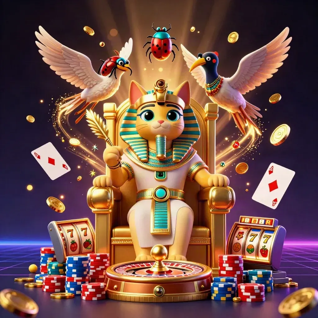 Pharaoh cat king, ibis scribe, and gem-wing scarabs amid casino sparks and spinning game icons.