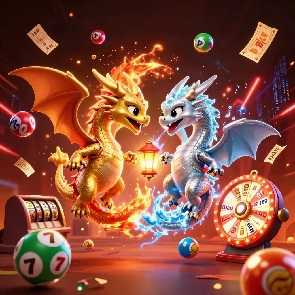 Twin gold and silver dragons spiral with fire and ice, surrounded by casino symbols and glowing embers.