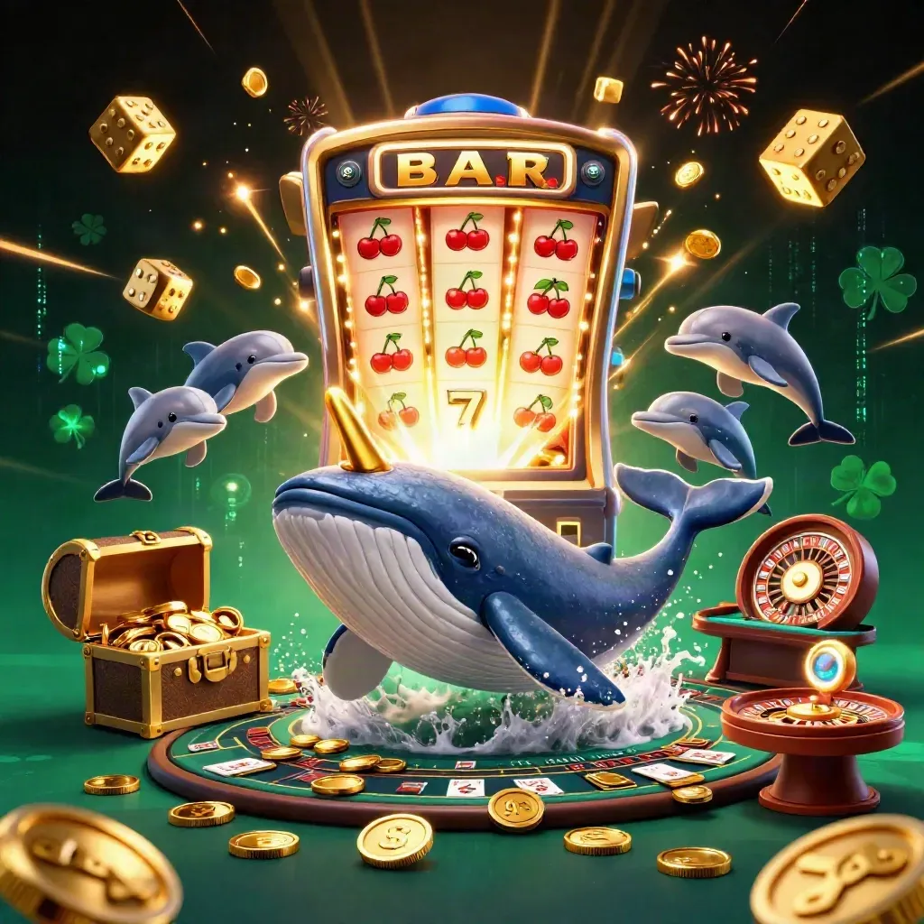 Whale, narwhal, and dolphins burst from coins amid casino props and neon effects.