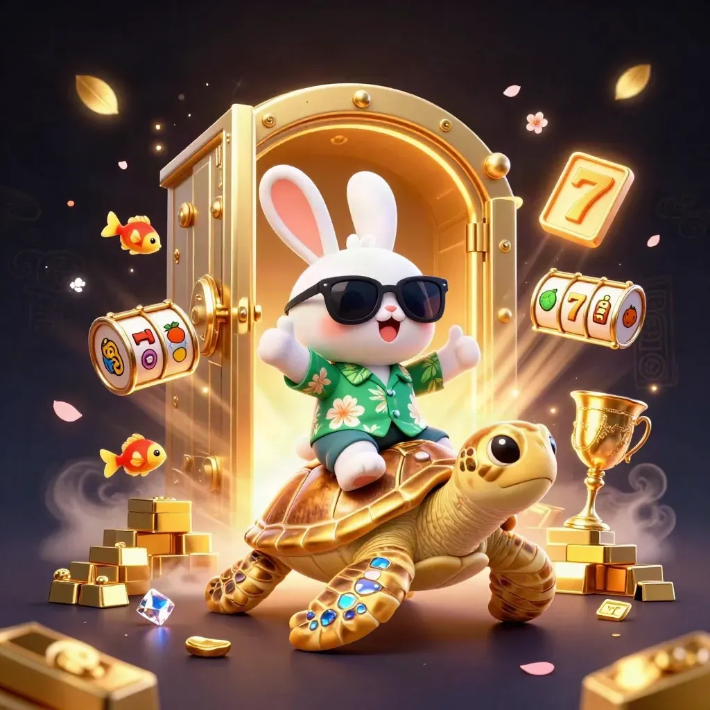 Lucky rabbit rides a golden turtle amid casino loot, vault light, and floating reels.