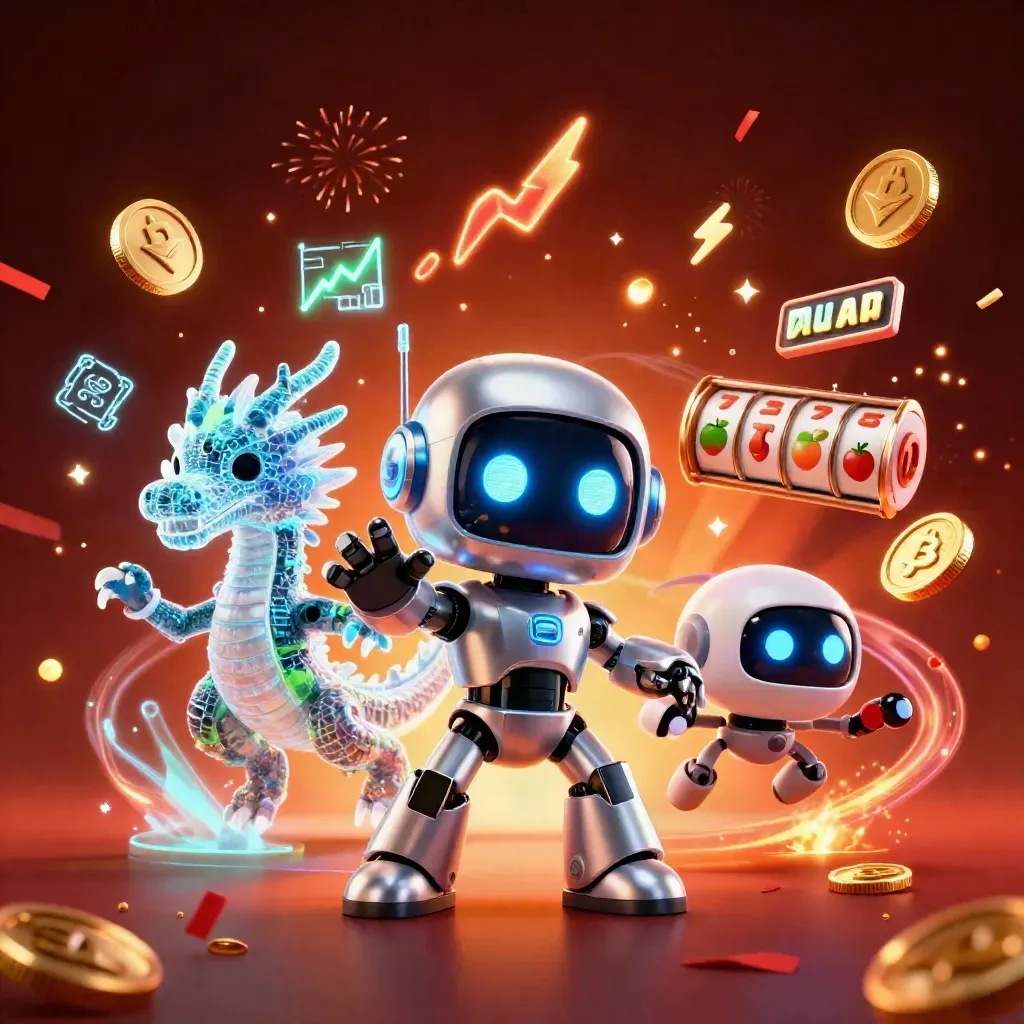 Cyberpunk robot, hologram dragon and coin drone amid casino coins, reels and embers