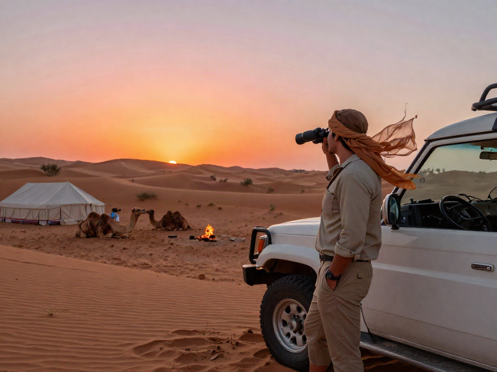 Explorer enjoying a desert safari at sunset, reflecting on travel and adventure.
